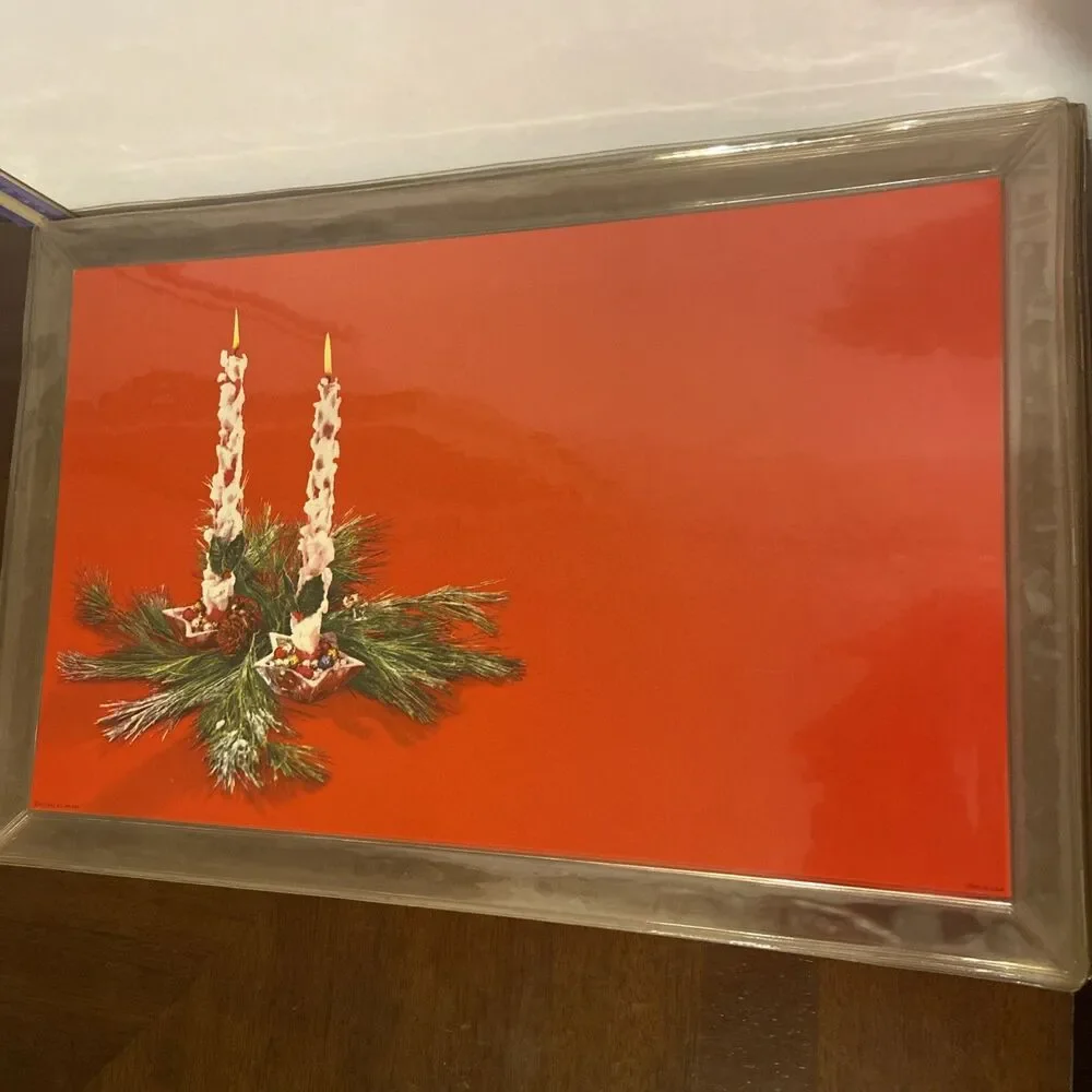 Vintage 1974 Christmas Placemats 6 MCM Red Candle Pine D.A.C. NY Kitsch EUC